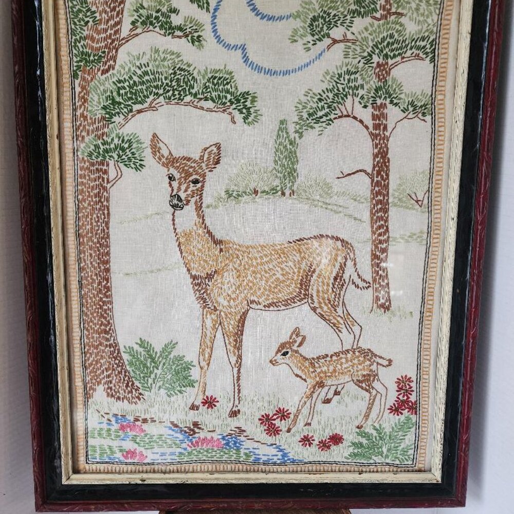 Vintage 1940's Original Handmade Needle Work Doe And Fawn Tapestry Framed 18x 23